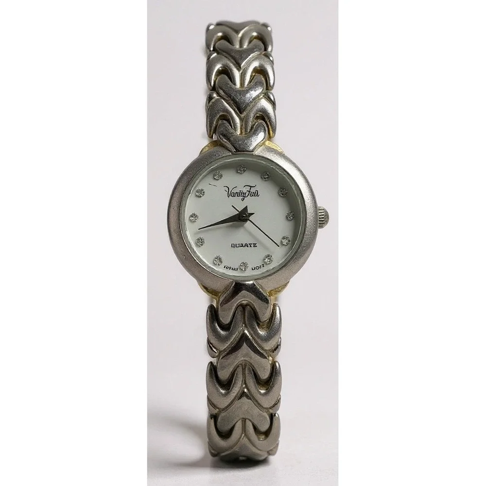 Womens Pearl Dial Vanity Fair VFW535 Quartz Silver Tone Band W/Gold Accent Watch